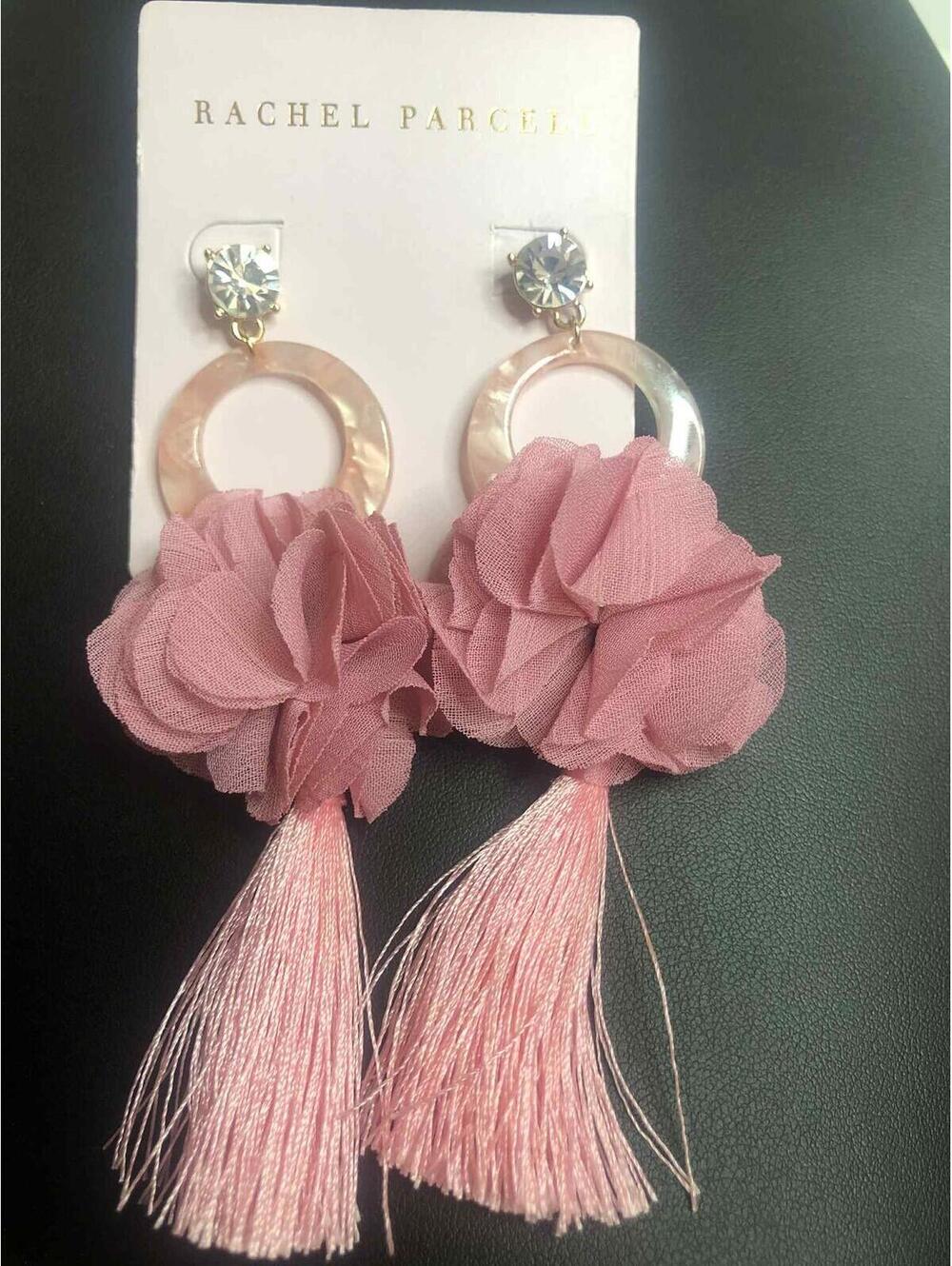 7501 Rachel Parcell Statement flower Tassel Earrings  PINK NWT